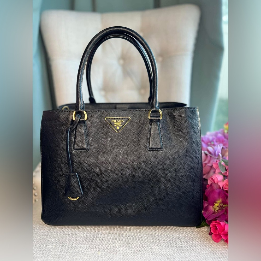 Prada Black Leather Satchel Saffiano Lux Medium Tote Black Nero